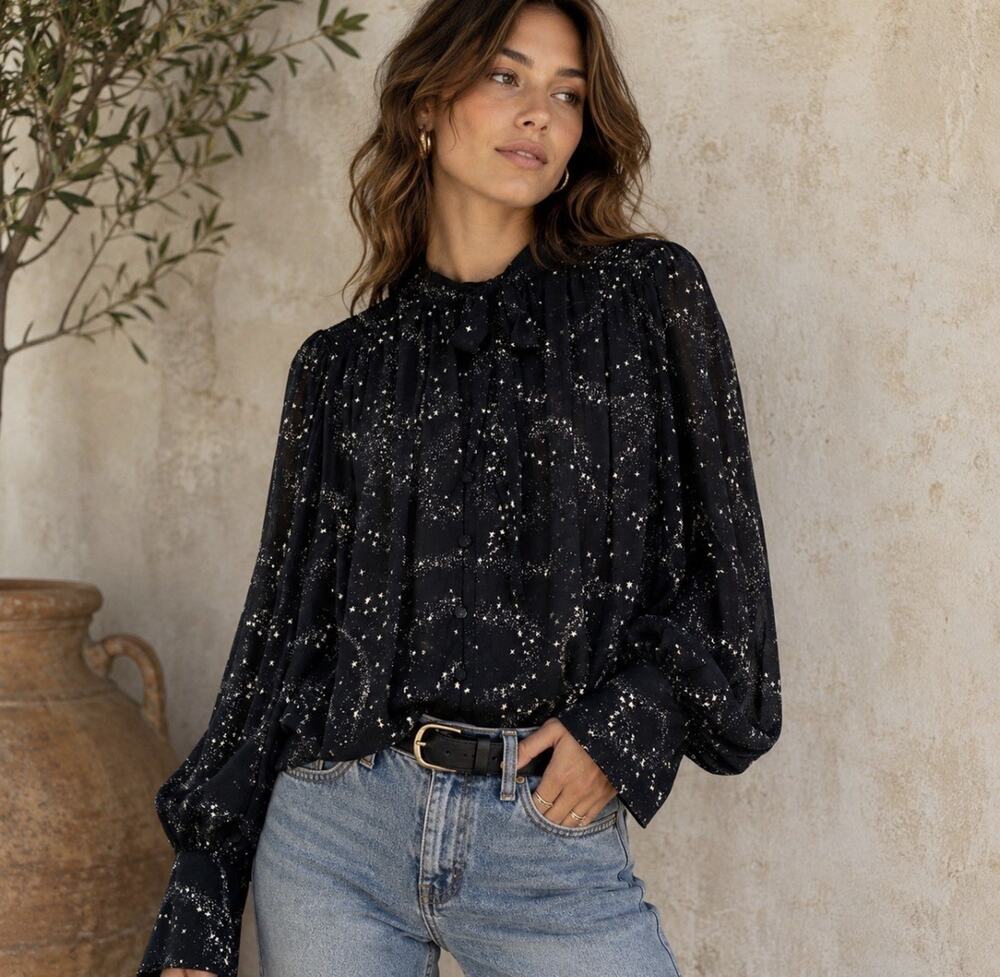 Free People Celestial Stars Align Printed Top Sheer Tie Neck Smocked Boho M - Picture 1 of 11